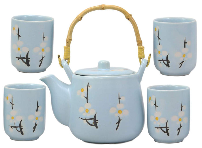 ebros gift Ebros Gift Japanese Sakura Pastel Sky Blue Cherry Blossom Design Porcelain 20oz Tea Pot and 4 Cups Set Home Decor Asian Living Teapots Decorative Party Hosting Dining Table Accessories