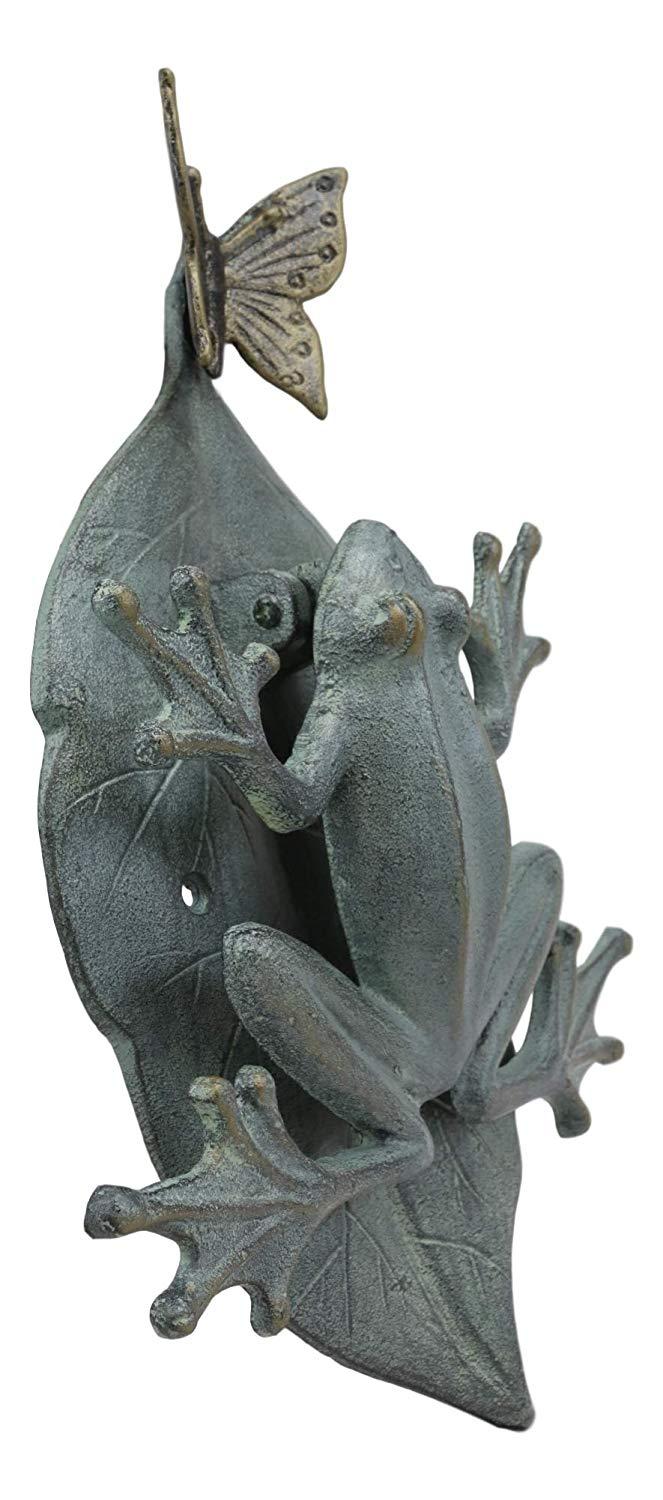 Ebros Gift Ebros Gift Large 12" Tall Aluminum Metal Whimsical Frog On Giant Leaf With Butterfly Door Knocker Statue Zen Feng Shui Frogs Home Decorative Accent Sculpture