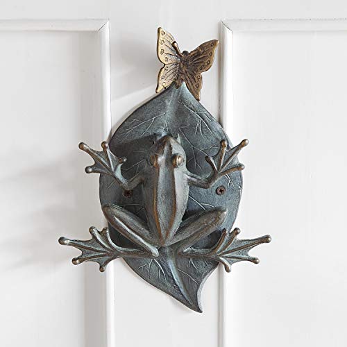 ebros gift Ebros Gift Large 12" Tall Aluminum Metal Whimsical Frog On Giant Leaf with Butterfly Door Knocker Statue Zen Feng Shui Frogs Home Decorative Accent Sculpture