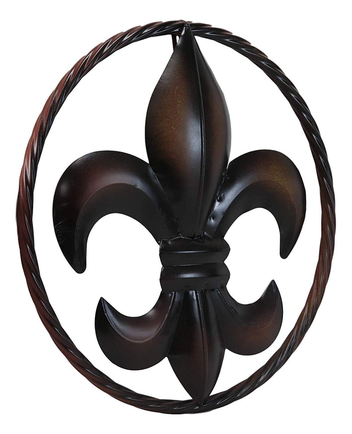 Ebros Gift Ebros Gift Large 18" Wide Vintage Rustic Fleur De Lis Medallion With Braided Rope Border Design Metal Circle Wall Hanging Decor 3D Art Greeting Plaque Southern Western Country Decorative Accent