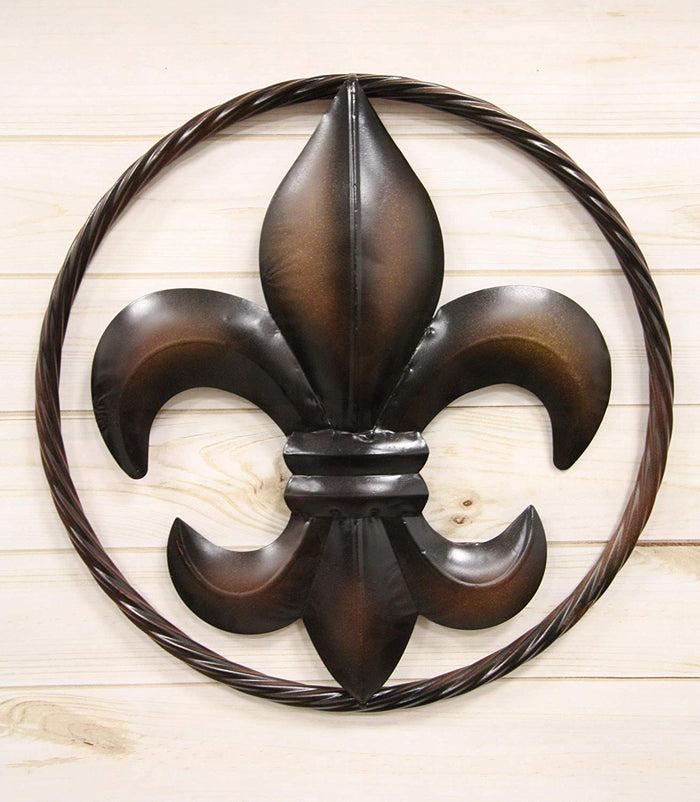 ebros gift Ebros Gift Large 18" Wide Vintage Rustic Fleur De Lis Medallion with Braided Rope Border Design Metal Circle Wall Hanging Decor 3D Art Greeting Plaque Southern Western Country Decorative Accent