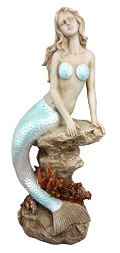 Ebros Gift Ebros Gift Large Aquamarine Goddess Mermaid Maiden Sitting On Sea Rock Figurine 17.75"H
