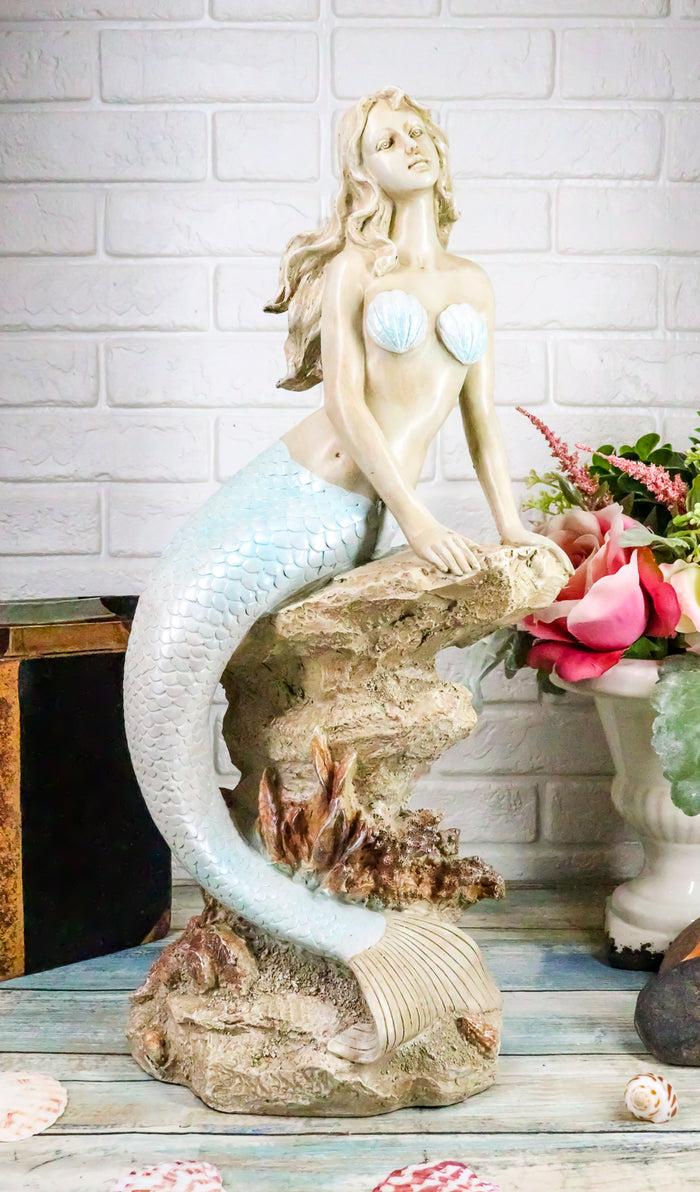 ebros gift Ebros Gift Large Aquamarine Goddess Mermaid Maiden Sitting On Sea Rock Figurine 17.75"H