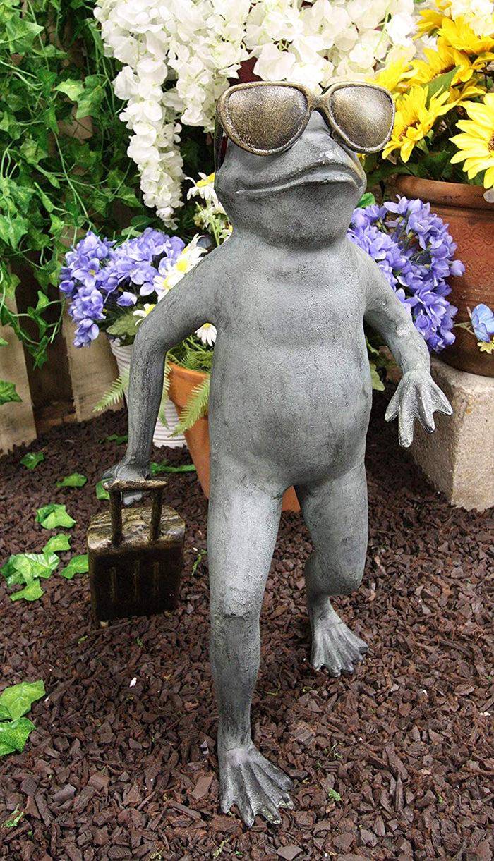 ebros gift Ebros Gift Large Cast Aluminum Metal Whimsical Airport Travel Frog with Shades and Carry On Suitcase Garden Statue 21.25" Tall Pond Frogs Patio Pool Lawn Decorative Sculpture