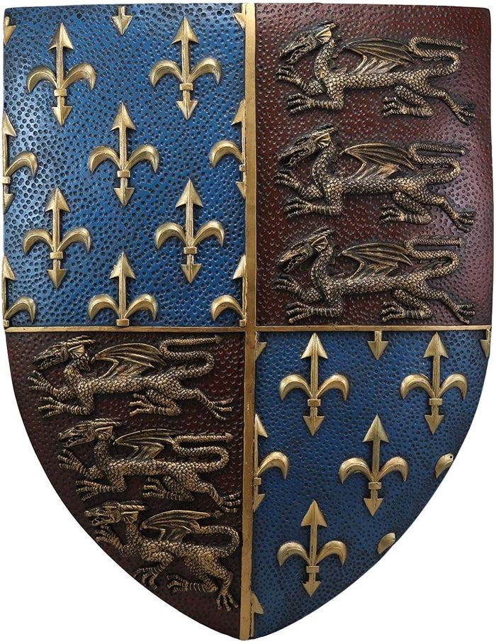 Ebros Gift Ebros Gift Large Medieval Kingdom Knight Coat Of Arms Le Fleur Symbols And 3 Dragons Royal Shield Wall Decor Plaque In Maroon And Blue Colors 19" Tall Heraldry House Of Nobility Symbols