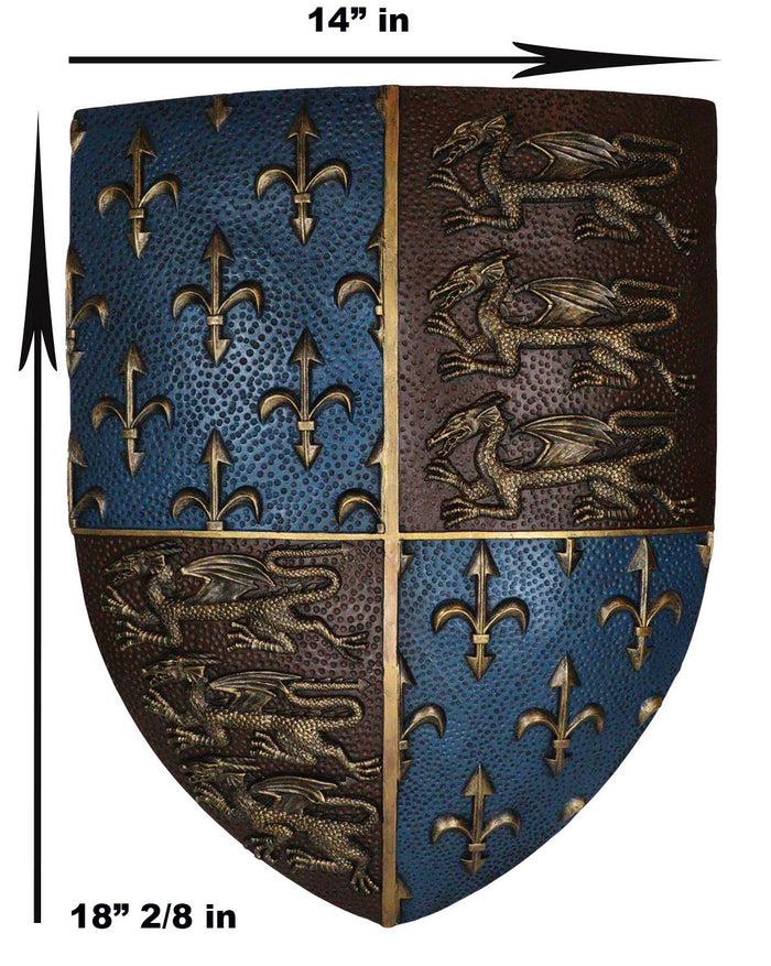 Ebros Gift Ebros Gift Large Medieval Kingdom Knight Coat Of Arms Le Fleur Symbols And 3 Dragons Royal Shield Wall Decor Plaque In Maroon And Blue Colors 19" Tall Heraldry House Of Nobility Symbols