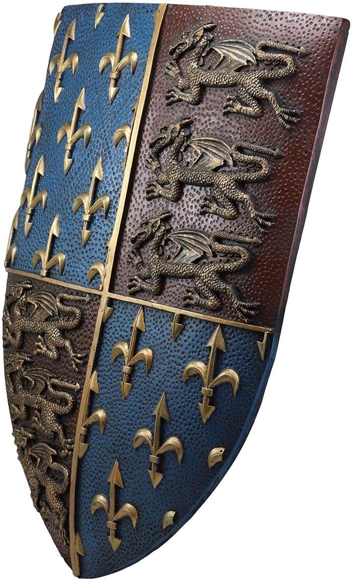 Ebros Gift Ebros Gift Large Medieval Kingdom Knight Coat Of Arms Le Fleur Symbols And 3 Dragons Royal Shield Wall Decor Plaque In Maroon And Blue Colors 19" Tall Heraldry House Of Nobility Symbols