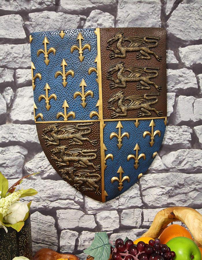 ebros gift Ebros Gift Large Medieval Kingdom Knight Coat of Arms Le Fleur Symbols and 3 Dragons Royal Shield Wall Decor Plaque in Maroon and Blue Colors 19" Tall Heraldry House of Nobility Symbols