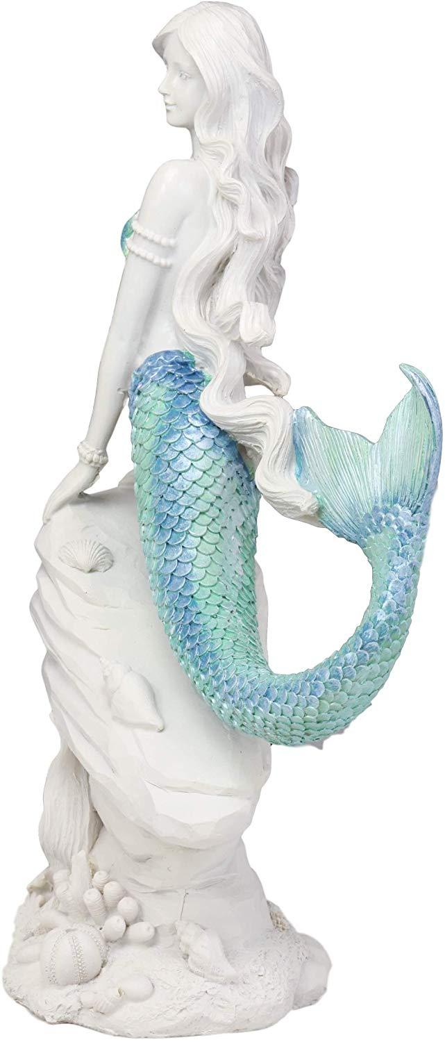 Ebros Gift Ebros Gift Large Nautical Capiz Blue Tailed Mermaid By White Coral Rocks Statue Ocean Aquamarine Princess As Coastal Beach Under The Sea Decorative Accent (Leaning On Rocks)
