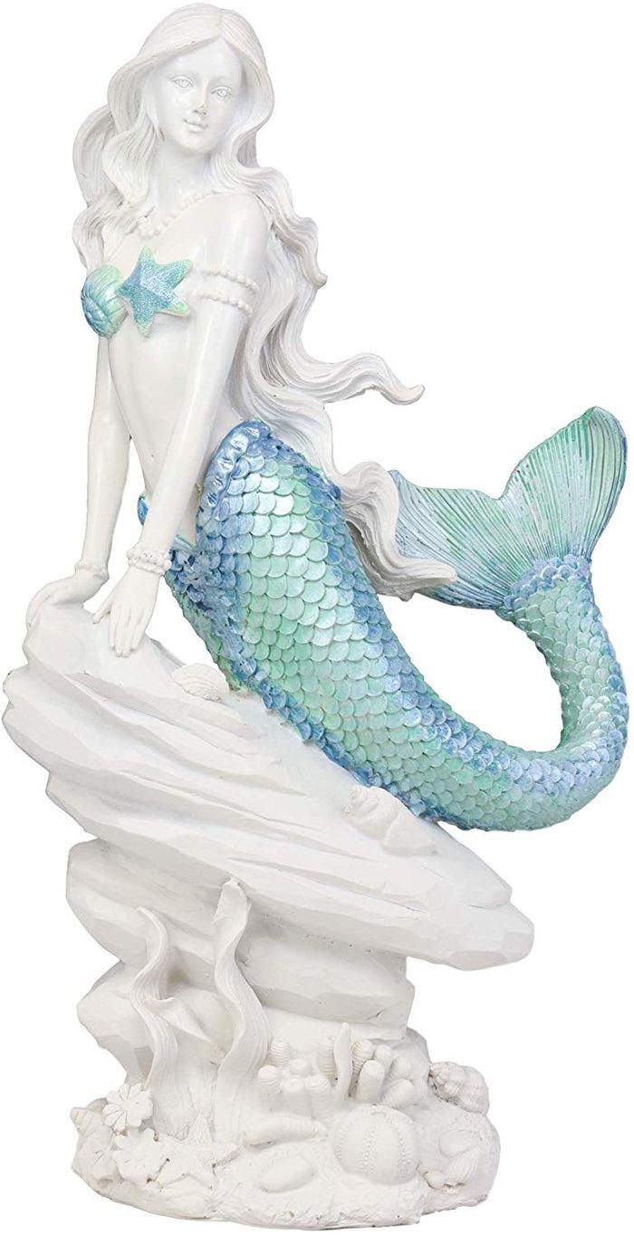 Ebros Gift Ebros Gift Large Nautical Capiz Blue Tailed Mermaid By White Coral Rocks Statue Ocean Aquamarine Princess As Coastal Beach Under The Sea Decorative Accent (Leaning On Rocks)
