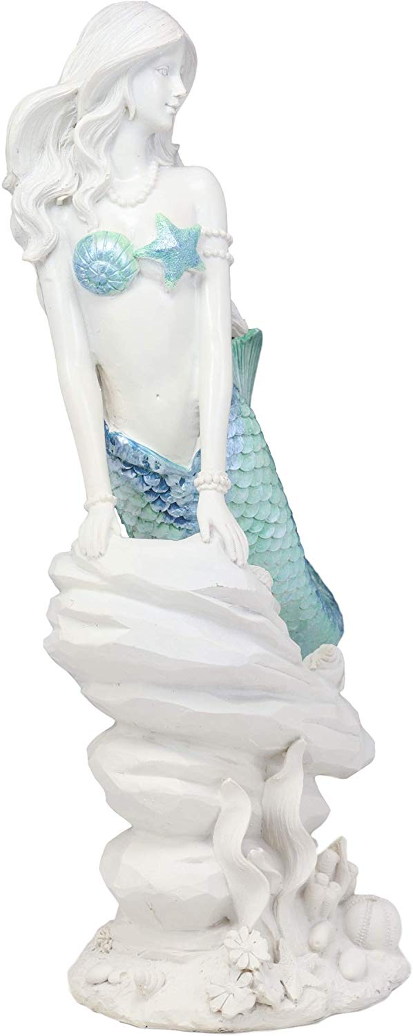 ebros gift Ebros Gift Large Nautical Capiz Blue Tailed Mermaid by White Coral Rocks Statue Ocean Aquamarine Princess As Coastal Beach Under The Sea Decorative Accent (Leaning On Rocks)