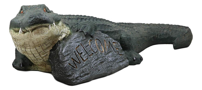 Ebros Gift Ebros Gift Large Realistic Crocodile Holding Welcome Sign Rock Garden Greeter Accent Statue Lake Home Patio Pool Exotic Decor Of Alligators Crocodiles Caiman Gator Decorative Sculpture (29" Long)
