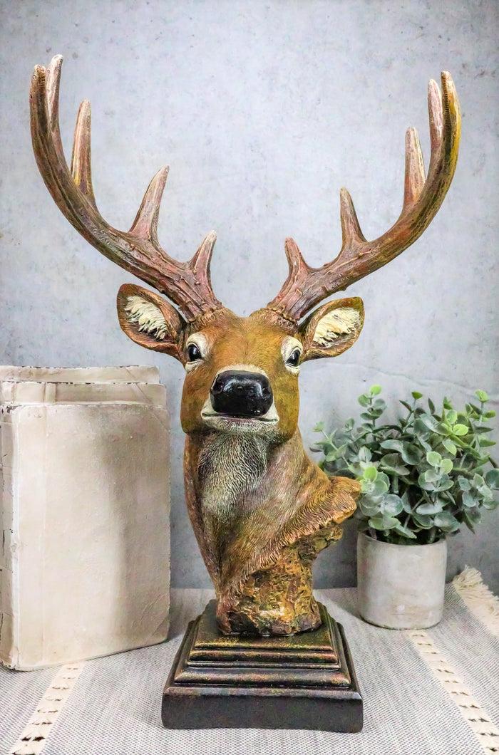 ebros gift Ebros Gift Large Rustic Wild Forest Woodland 10 Point Emperor Buck Deer Bust Trophy Statue On Pedestal Base 14" Tall Red Stag Antlers Taxidermy Hunter Decor for Country Cabin Lodge Resort Figurine