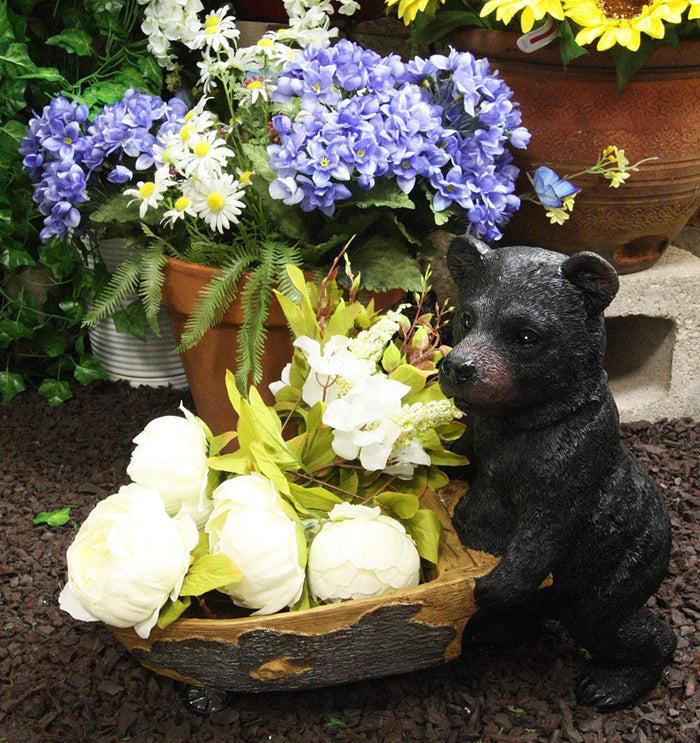 ebros gift Ebros Gift Large Rustic Wildlife Black Bear Pushing Wheelbarrow Cart Flowers Or Plants Planter Statue 16.25" Long Decorative Bears Statue Cabin Lodge Mountain Lake Resort Gardening Accent Decor