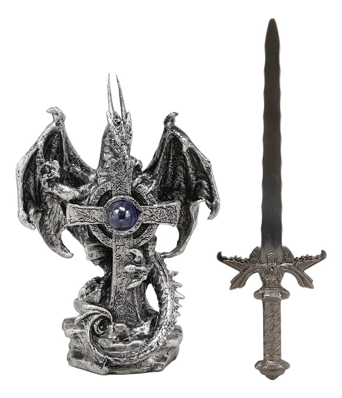 Ebros Gift Ebros Gift Legendary Silver Dragon Guardian Of The Celtic High Cross Letter Opener Figurine Sculpture Home And Office Decorative Sculpture Medieval Renaissance Dungeons And Dragons Fantasy