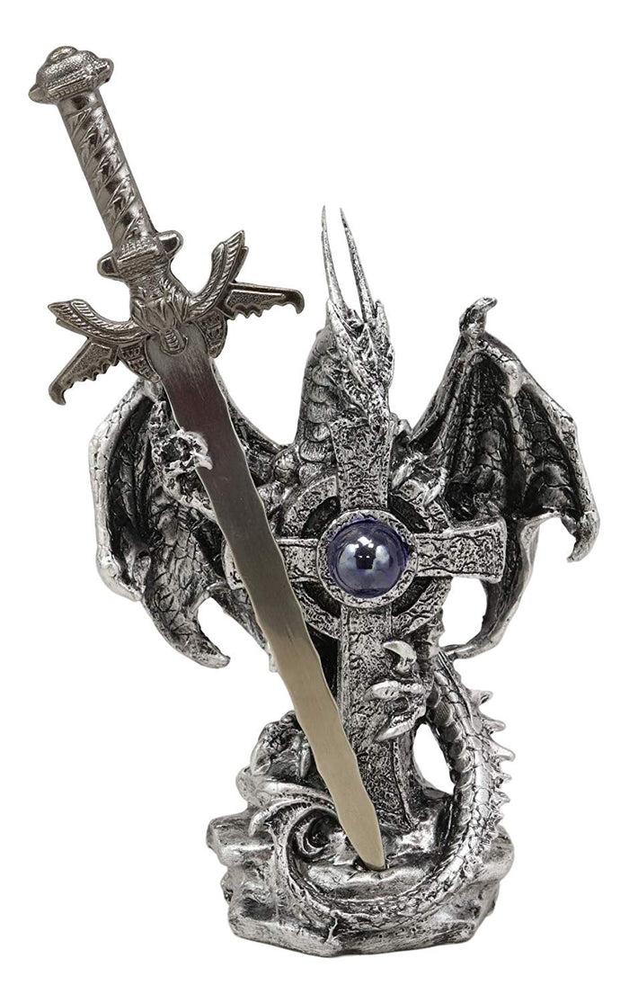 Ebros Gift Ebros Gift Legendary Silver Dragon Guardian Of The Celtic High Cross Letter Opener Figurine Sculpture Home And Office Decorative Sculpture Medieval Renaissance Dungeons And Dragons Fantasy