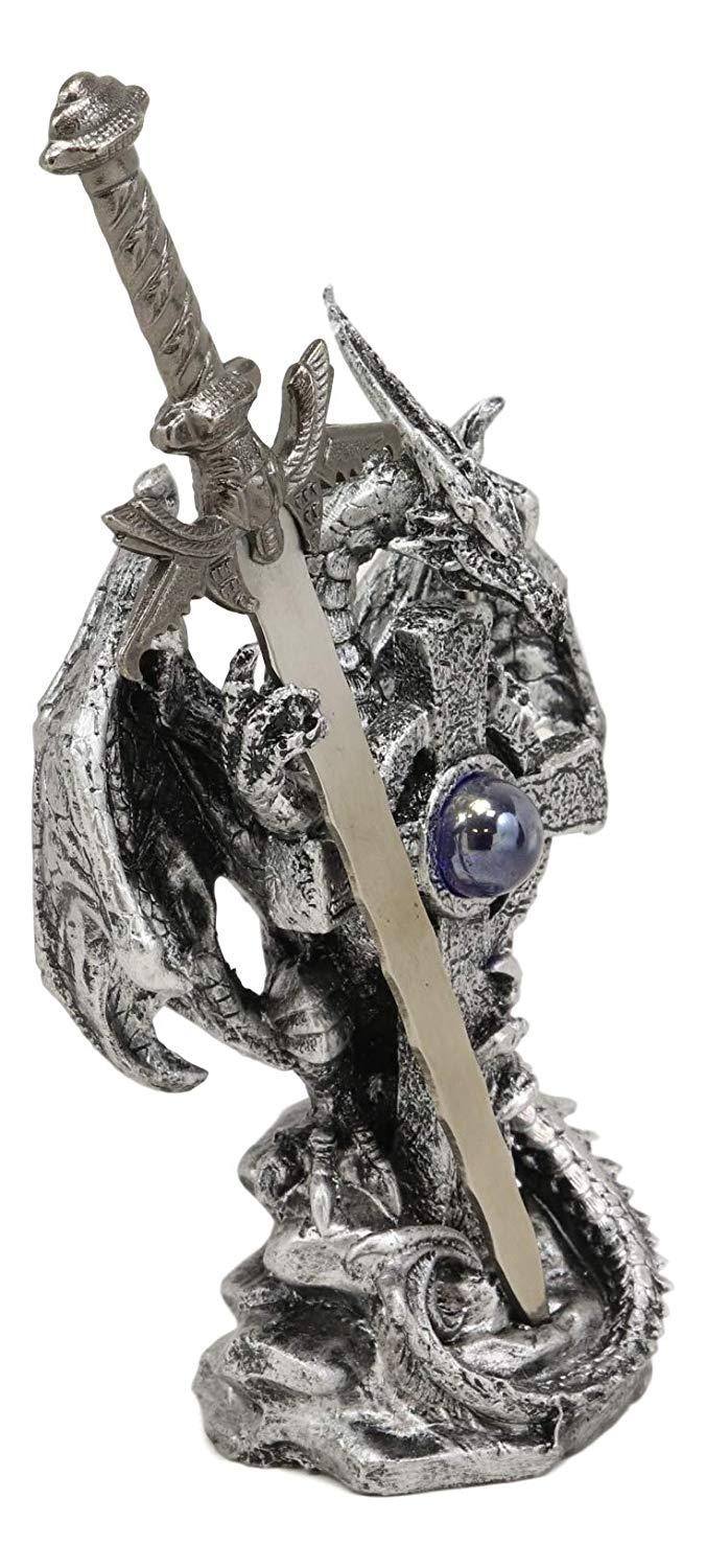 Ebros Gift Ebros Gift Legendary Silver Dragon Guardian Of The Celtic High Cross Letter Opener Figurine Sculpture Home And Office Decorative Sculpture Medieval Renaissance Dungeons And Dragons Fantasy