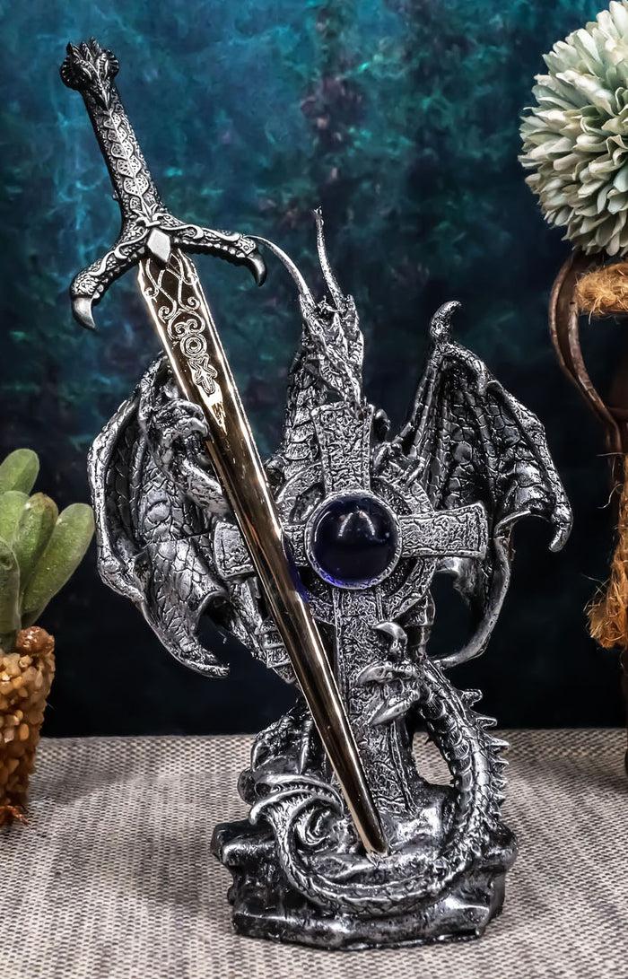 ebros gift Ebros Gift Legendary Silver Dragon Guardian of The Celtic High Cross Letter Opener Figurine Sculpture Home and Office Decorative Sculpture Medieval Renaissance Dungeons and Dragons Fantasy