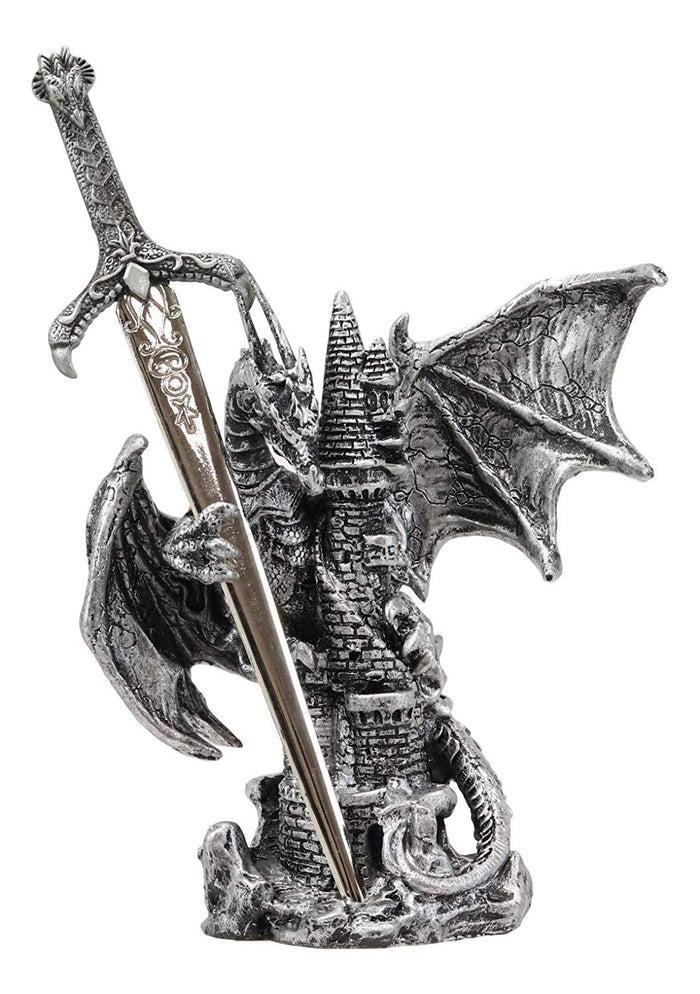 Ebros Gift Ebros Gift Legendary Silver Dragon Protecting Castle Tower Letter Opener Figurine Sculpture Home And Office Decorative Sculpture Medieval Renaissance Dungeons And Dragons Fantasy