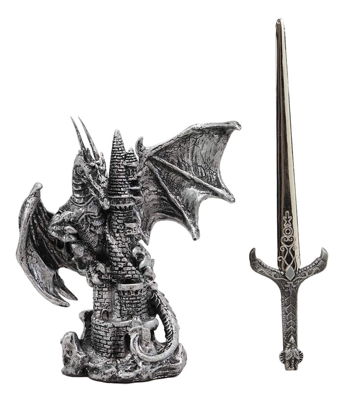 Ebros Gift Ebros Gift Legendary Silver Dragon Protecting Castle Tower Letter Opener Figurine Sculpture Home And Office Decorative Sculpture Medieval Renaissance Dungeons And Dragons Fantasy