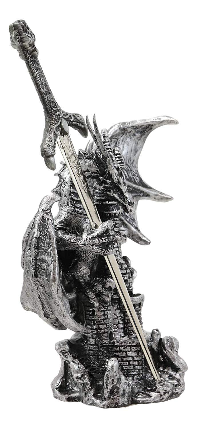 Ebros Gift Ebros Gift Legendary Silver Dragon Protecting Castle Tower Letter Opener Figurine Sculpture Home And Office Decorative Sculpture Medieval Renaissance Dungeons And Dragons Fantasy