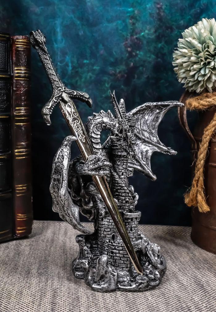 ebros gift Ebros Gift Legendary Silver Dragon Protecting Castle Tower Letter Opener Figurine Sculpture Home and Office Decorative Sculpture Medieval Renaissance Dungeons and Dragons Fantasy