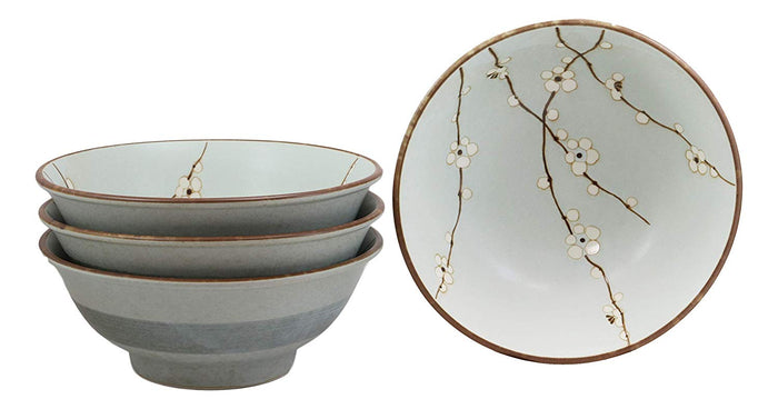 ebros gift Ebros Gift Made In Japan 8.5" Dia Light Blue Plum Set of 4 Bowls With Sakura Cherry Blossoms Design 42 oz Ramen Pho Noodles Soup Serving Bowl Kitchen Dining