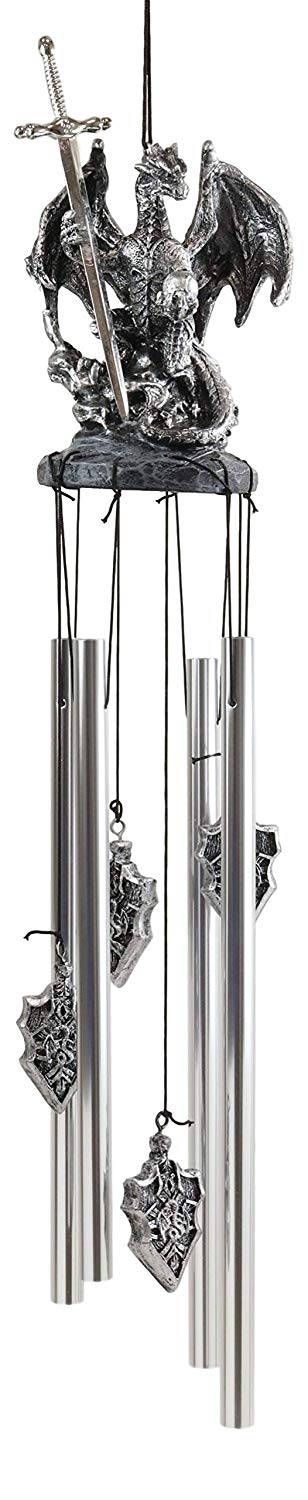 Ebros Gift Ebros Gift Medieval Silver Dragon Holding Excalibur Sword And Orb Figurine Crown Top Resonant Wind Chime Garden Patio Home Fantasy Dungeons And Dragons Accent Decor