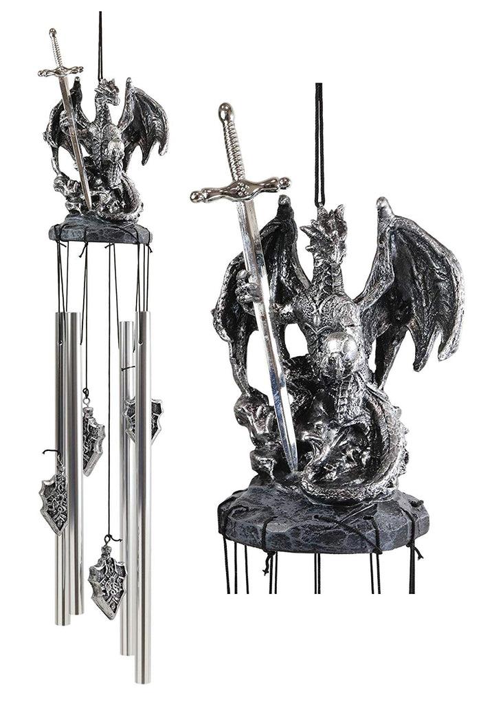 Ebros Gift Ebros Gift Medieval Silver Dragon Holding Excalibur Sword And Orb Figurine Crown Top Resonant Wind Chime Garden Patio Home Fantasy Dungeons And Dragons Accent Decor