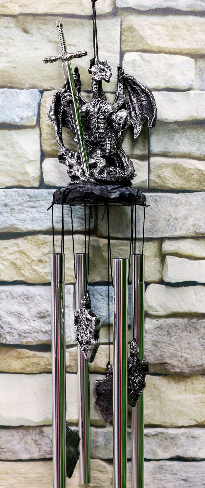 ebros gift Ebros Gift Medieval Silver Dragon Holding Excalibur Sword and Orb Figurine Crown Top Resonant Wind Chime Garden Patio Home Fantasy Dungeons and Dragons Accent Decor
