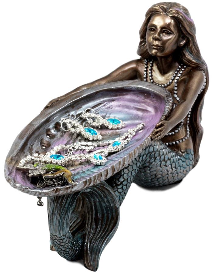Ebros Gift Ebros Gift Mermaid Holding Abalone Shell Platter Jewelry Dish Figurine 9"L Art Nouveau Soap Dish Key Holder Multi Function Decor