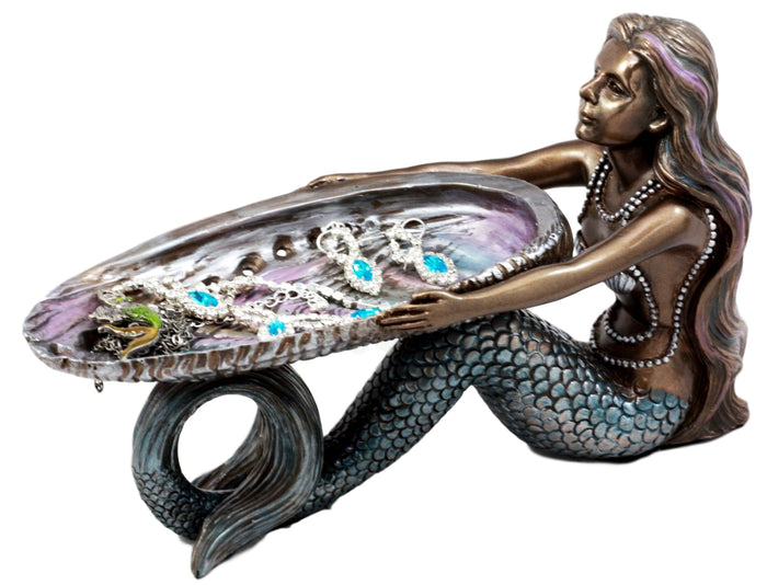 ebros gift Ebros Gift Mermaid Holding Abalone Shell Platter Jewelry Dish Figurine 9"L Art Nouveau Soap Dish Key Holder Multi Function Decor
