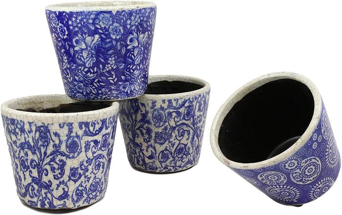 Ebros Gift Ebros Gift Ming Dynasty Style Royal Blue And White Terracotta Ceramic Small Floral Design Pot Planters Set Of 4 Planter Pots Lawn Outdoor Pool Patio Garden Accent Earthenware 4.75" High