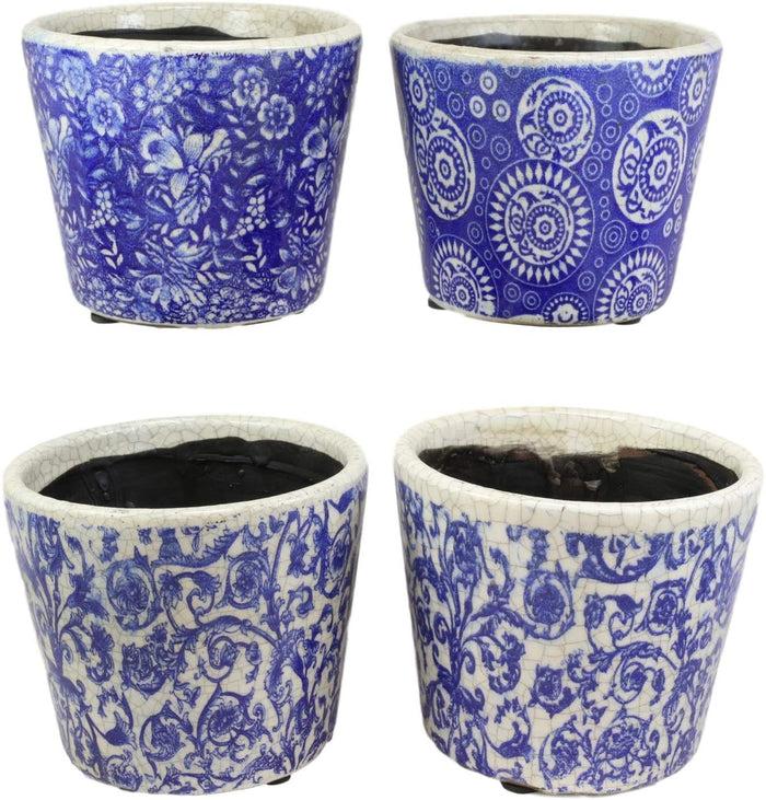 Ebros Gift Ebros Gift Ming Dynasty Style Royal Blue And White Terracotta Ceramic Small Floral Design Pot Planters Set Of 4 Planter Pots Lawn Outdoor Pool Patio Garden Accent Earthenware 4.75" High