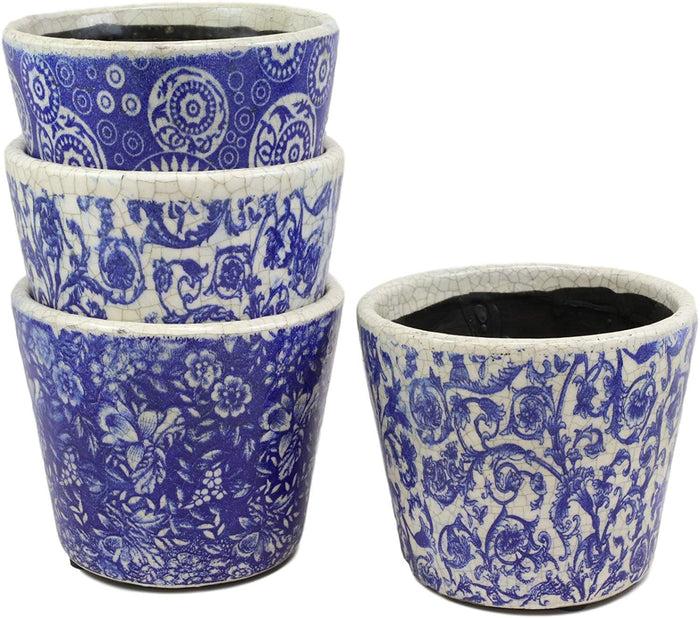 Ebros Gift Ebros Gift Ming Dynasty Style Royal Blue And White Terracotta Ceramic Small Floral Design Pot Planters Set Of 4 Planter Pots Lawn Outdoor Pool Patio Garden Accent Earthenware 4.75" High