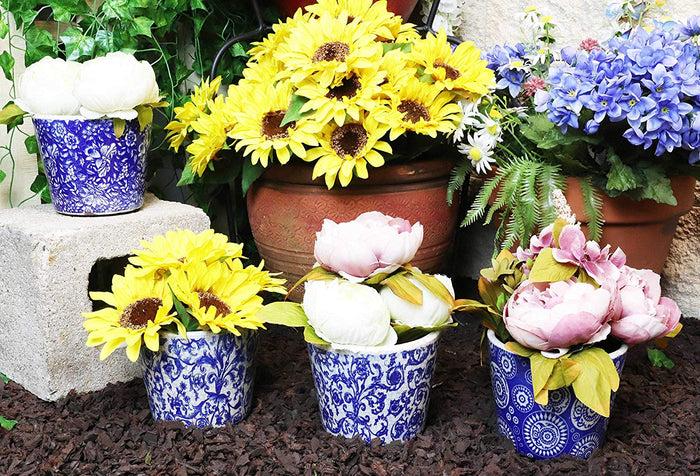 ebros gift Ebros Gift Ming Dynasty Style Royal Blue and White Terracotta Ceramic Small Floral Design Pot Planters Set of 4 Planter Pots Lawn Outdoor Pool Patio Garden Accent Earthenware 4.75" High