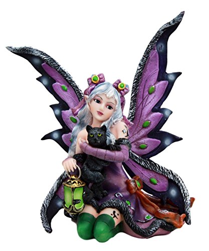 Ebros Gift Ebros Gift Mystical Black Cat With Purple Witch Fairy Carrying Green Lantern Figurine 6.25"H
