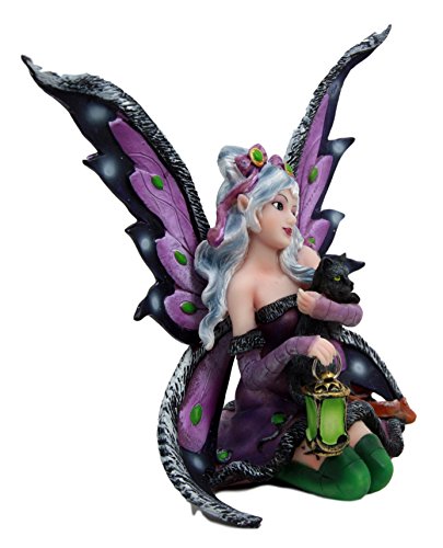 Ebros Gift Ebros Gift Mystical Black Cat With Purple Witch Fairy Carrying Green Lantern Figurine 6.25"H