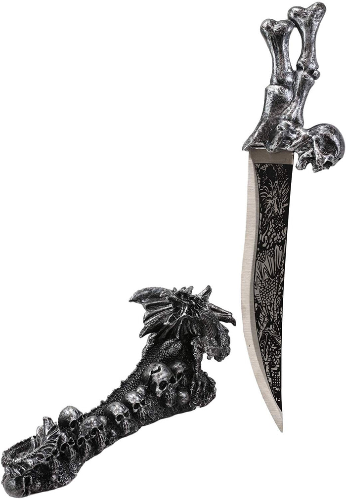 Ebros Gift Ebros Gift Obsidian Athame Dragon Blade Letter Opener With Skull Base Stand Set