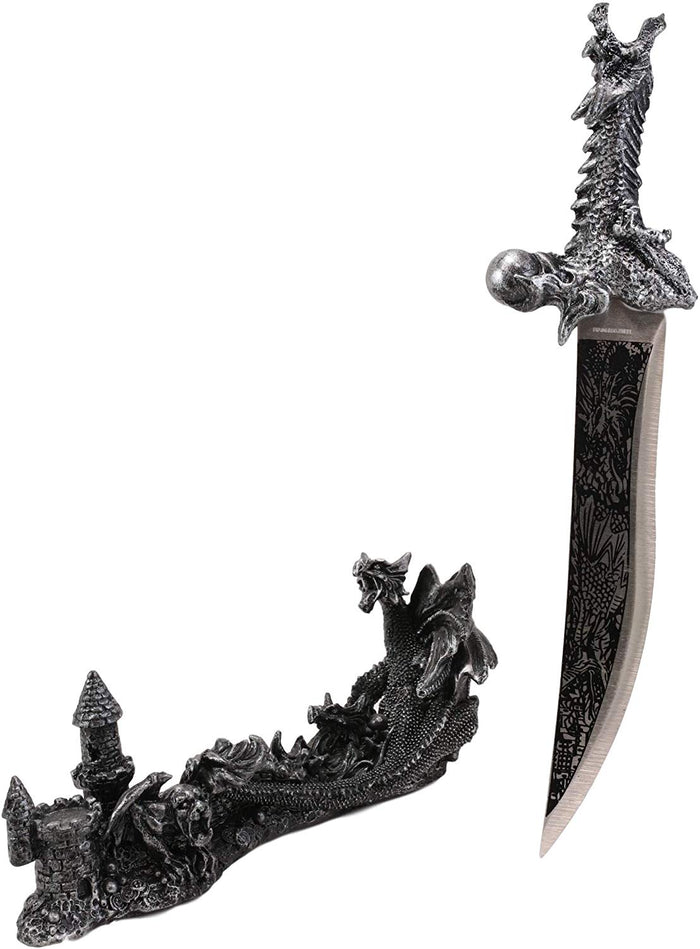 Ebros Gift Ebros Gift Obsidian Athame Dragon Blade Letter Opener With Castle Base Stand Set