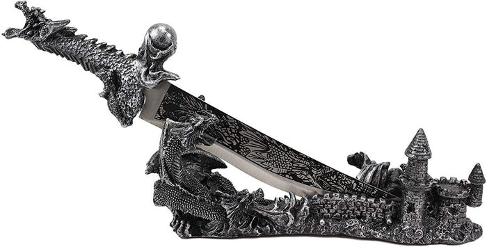 Ebros Gift Ebros Gift Obsidian Athame Dragon Blade Letter Opener With Castle Base Stand Set