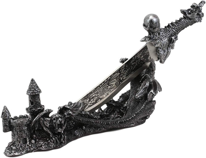 ebros gift Ebros Gift Obsidian Athame Dragon Blade Letter Opener with Castle Base Stand Set