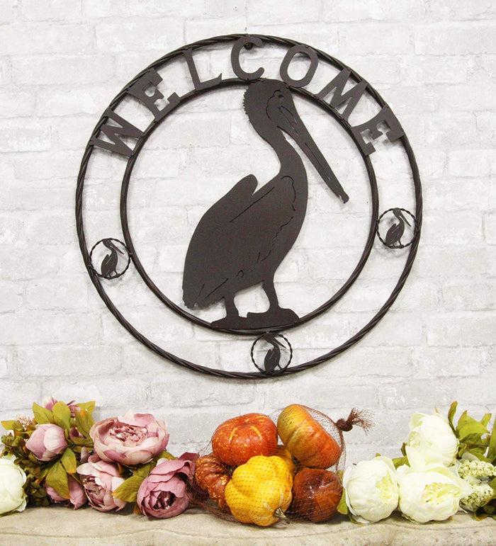 Ebros Gift Ebros Gift Oversized 24" Wide Vintage Rustic Louisiana Pelican Bird Symbol With Welcome Sign Braided Metal Aluminum Circle Wall Decor 3D Art Greeting Plaque Western Country