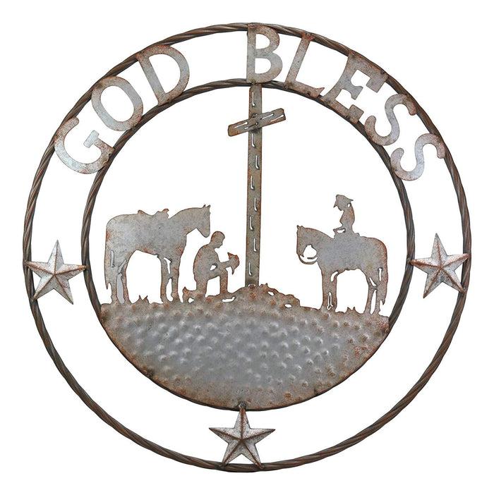 Ebros Gift Ebros Gift Oversized 24" Wide Vintage Rustic Round Sign Braided Rope Galvanized Metal Circle Wall Decor (Praying Cowboys God Bless)