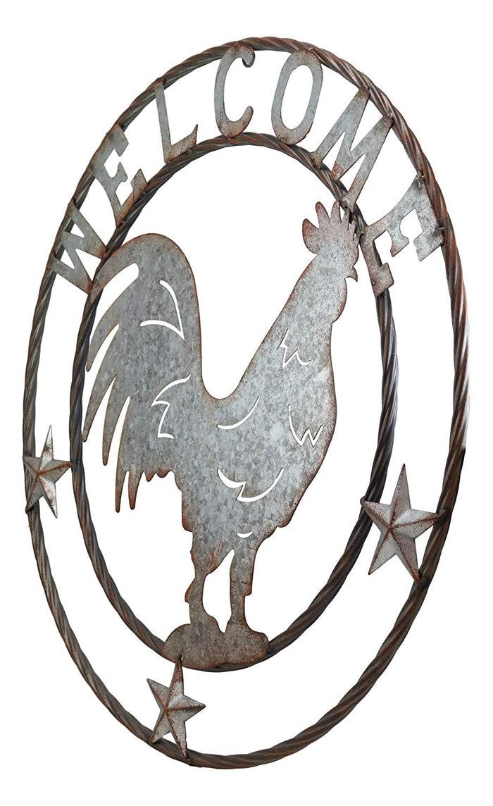 Ebros Gift Ebros Gift Oversized 24" Wide Vintage Rustic Round Sign Braided Rope Galvanized Metal Circle Wall Decor 3D Art Greeting Plaque (Rooster Chicken Welcome)