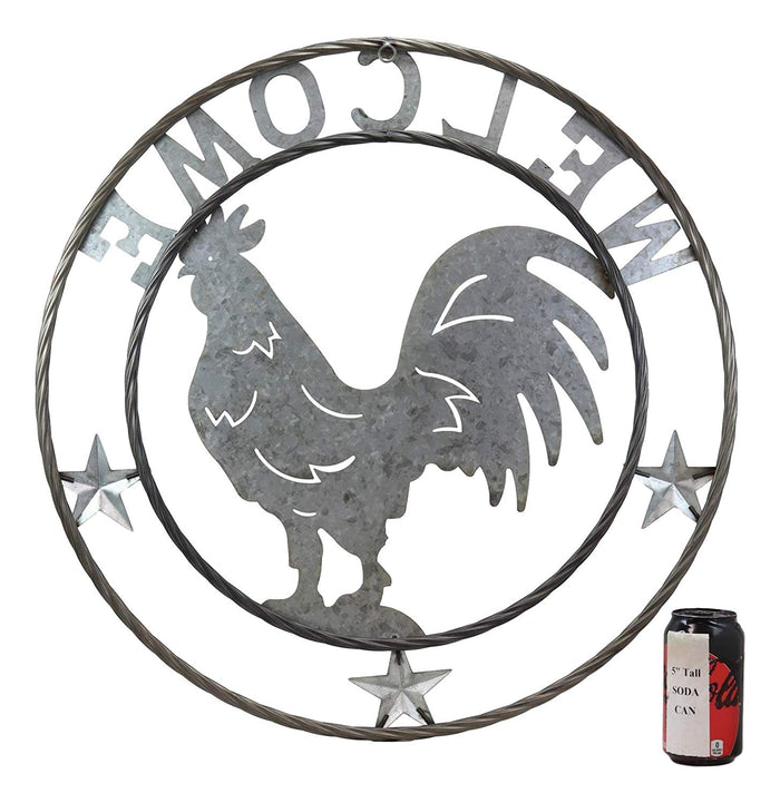 Ebros Gift Ebros Gift Oversized 24" Wide Vintage Rustic Round Sign Braided Rope Galvanized Metal Circle Wall Decor 3D Art Greeting Plaque (Rooster Chicken Welcome)