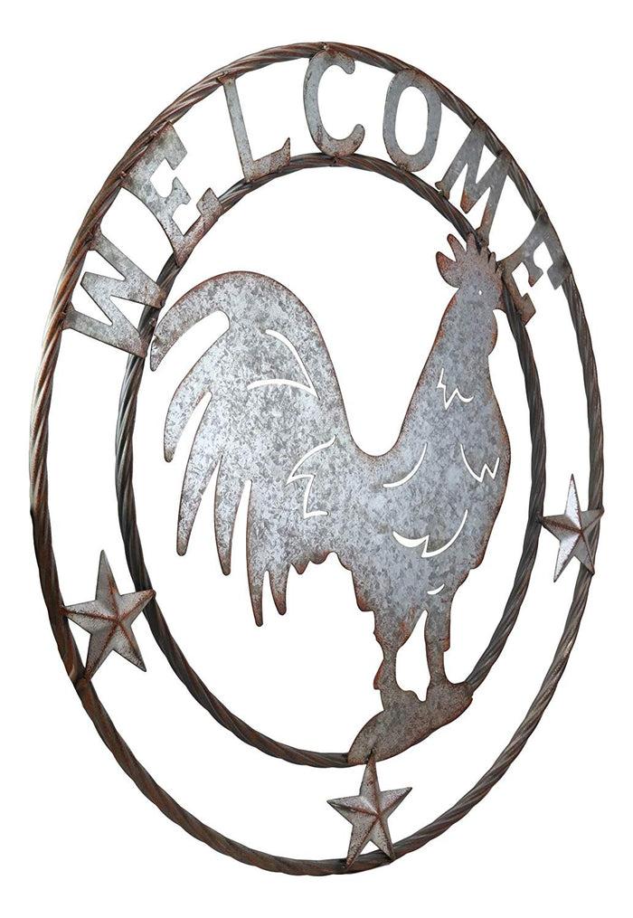 Ebros Gift Ebros Gift Oversized 24" Wide Vintage Rustic Round Sign Braided Rope Galvanized Metal Circle Wall Decor 3D Art Greeting Plaque (Rooster Chicken Welcome)