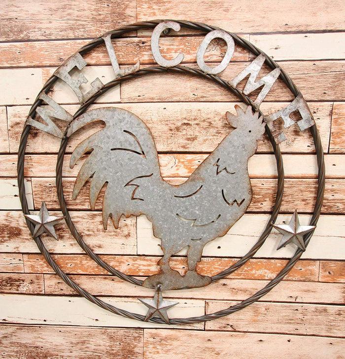 ebros gift Ebros Gift Oversized 24" Wide Vintage Rustic Round Sign Braided Rope Galvanized Metal Circle Wall Decor 3D Art Greeting Plaque (Rooster Chicken Welcome)