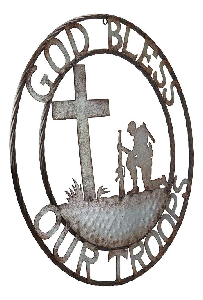 Ebros Gift Ebros Gift Oversized 24" Wide Vintage Rustic Round Sign Braided RopeWall Decor Decorative Greeting Plaque Western Country Ranch Home (God Bless Our Troops)