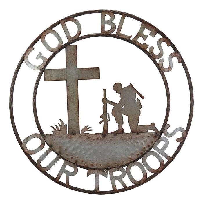 Ebros Gift Ebros Gift Oversized 24" Wide Vintage Rustic Round Sign Braided RopeWall Decor Decorative Greeting Plaque Western Country Ranch Home (God Bless Our Troops)